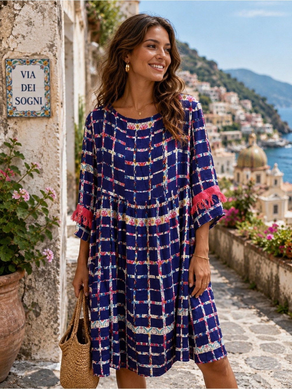 Opaline Made in Italy Navy Pink Artistic Print Fringe Sleeve Boho Dress NWT L